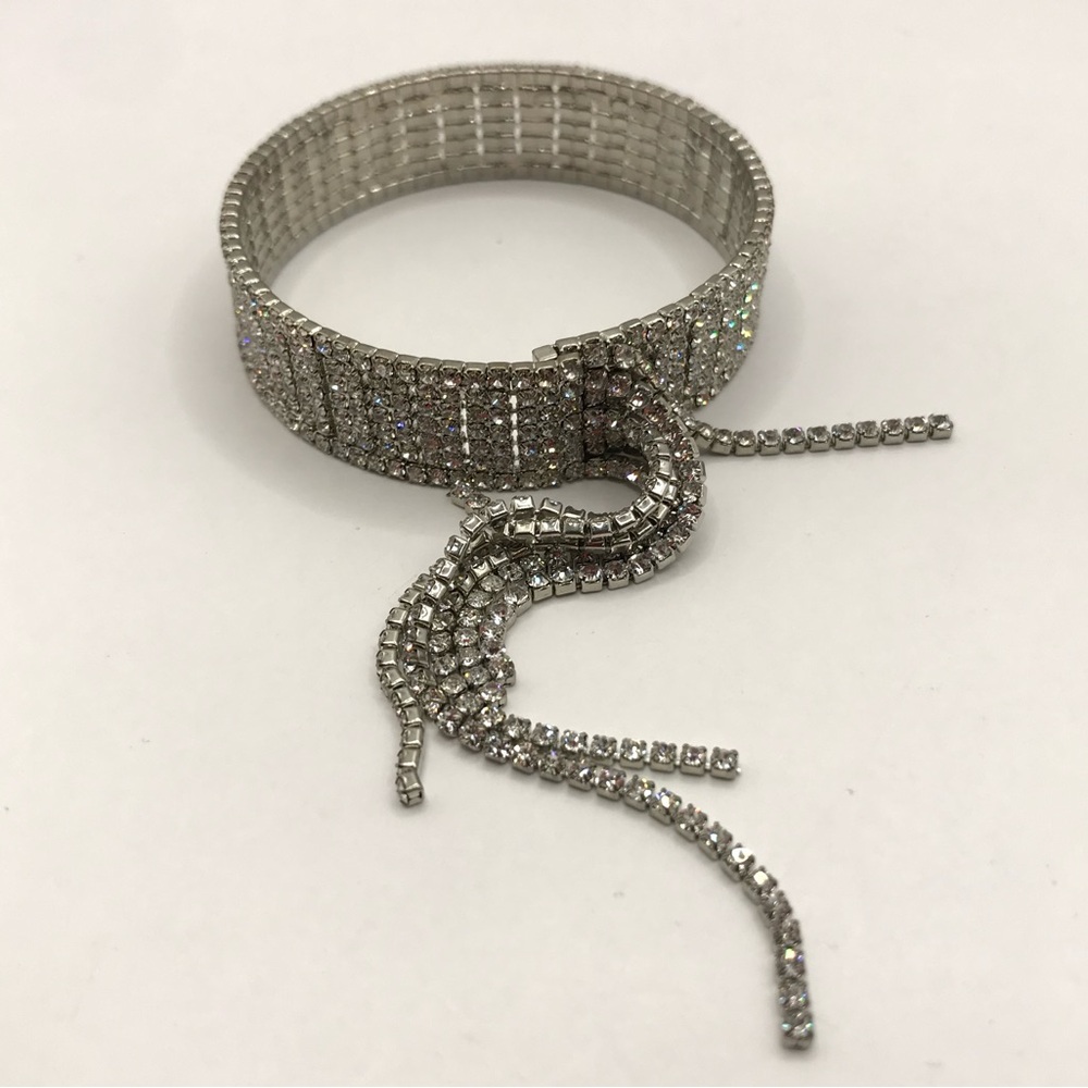 Silver-Tone & Pave Rhinestone Memory Wire Bracelet with Tassel - Picture 4 of 9
